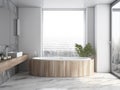 luxurious minimalist white and wood bathroom, with furnishing accessories, tub and shower created with artificial intelligence, Royalty Free Stock Photo