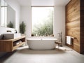 luxurious minimalist white and wood bathroom, with furnishing accessories, tub and shower created with artificial intelligence, Royalty Free Stock Photo