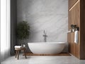 luxurious minimalist white and wood bathroom, with furnishing accessories, tub and shower created with artificial intelligence, Royalty Free Stock Photo