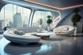 Luxurious minimalistic interior design of future. White couches. Futuristic city behind the window. AI Generated
