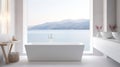 Luxurious modern bathroom with bathtub, large windows, and tranquil sea views, minimalist design Royalty Free Stock Photo