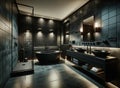 A luxurious and modern bathroom with a dark design theme. The bathroom showcases a stunning black freestanding bathtub Royalty Free Stock Photo