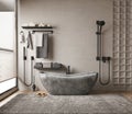 Luxurious modern bathroom interior design with bathtub, large window and old style concrete wal Royalty Free Stock Photo