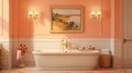 Luxurious modern bathroom interior in peach hues featuring a bathtub and tiled wall design Royalty Free Stock Photo