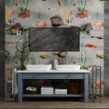 Luxurious modern bathroom with laundries and mirrors wall lighting with wallpaper Aquarium - 3d rendering Royalty Free Stock Photo