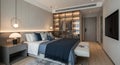 Luxurious Modern Bedroom Interior with Built-in Wardrobe and Ambient Lighting luxury Royalty Free Stock Photo