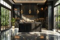 Luxurious modern black kitchen with elegant gold accents and ample natural light from large windows Royalty Free Stock Photo