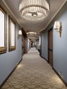 Luxurious modern corridor with blue walls, decorative niches with consoles and glass chandeliers. Interior design of the hall with