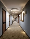 Luxurious modern corridor with blue walls, decorative niches with consoles and glass chandeliers. Interior design of the hall with