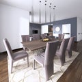 Luxurious modern dining room boasts a wood dining table illuminated by a pendant lights and surrounded by brown leather dining