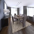 Luxurious modern dining room boasts a wood dining table illuminated by a pendant lights and surrounded by brown leather dining