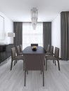 Luxurious modern dining room with a large table and cushioned chairs and a crystal chandelier over