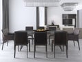 Luxurious modern dining room with a large table and cushioned chairs and a crystal chandelier over