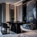 Modern Dining Space with Black Table & Grey Mosaic Podium Royalty Free Stock Photo