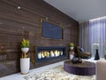 Luxurious modern fireplace in the hotel, in a cozy waiting area, wooden wall with built-in TV and fireplace. With stands for