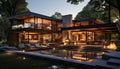 A luxurious modern home, illuminated by twilight, with a poolside oasis generated by AI Royalty Free Stock Photo