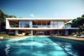 luxurious modern house with a rectangular swimming pool in the yard on a summer sunny day Royalty Free Stock Photo