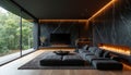 Luxurious modern interior with a dark theme includes a spacious living area and large panoramic window. Fireplace decorates the Royalty Free Stock Photo