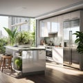 Luxurious Modern Kitchen: Sunlit Elegance & Timeless Design Royalty Free Stock Photo