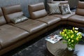 Luxurious modern leather couch with decorative pillows and coffee table with catalogue and yellow flowers in front