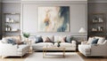 Luxurious modern living room interior with stunning gold tone colors and captivating art on the wall