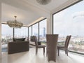 A luxurious modern-style kitchen with a dining table and a large full-length window and a beautiful view of the city Royalty Free Stock Photo