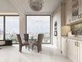 A luxurious modern-style kitchen with a dining table and a large full-length window and a beautiful view of the city