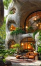 Luxurious and modern winter garden, sinuous stone architectural structure and large windows, living room with comfortable and