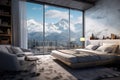 Luxurious mountain view bedroom with plush bedding and modern decor