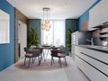 Luxurious multi-colored kitchen with dining tables in a new modern style. Furniture in white, black and brown, Walls of blue