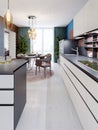 Luxurious multi-colored kitchen with dining tables in a new modern style. Furniture in white, black and brown, Walls of blue