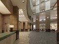 Luxurious multi-storey lobby hall of a five-star hotel, with stone walls and floor. Columns and ceiling light
