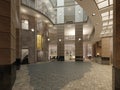 Luxurious multi-storey lobby hall of a five-star hotel, with stone walls and floor. Columns and ceiling light
