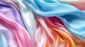 Luxurious multicolor gradient: blue, orange, white, pink silk satin fabric with graceful folds. A perfect backdrop for designs.