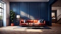 Luxurious Neoclassical Living Room With Dark Blue Walls And Stylish Couch Royalty Free Stock Photo