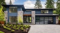 Luxurious new construction home in Bellevue, WA. Modern style home boasts two car garage framed by blue siding and natural stone Royalty Free Stock Photo