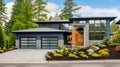 Luxurious new construction home in Bellevue, WA. Modern style home boasts two car garage framed by blue siding and natural stone Royalty Free Stock Photo
