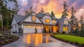 Luxurious new construction home exterior at sunset Royalty Free Stock Photo
