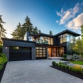 A luxurious new construction home, Modern style of home with car garage Royalty Free Stock Photo