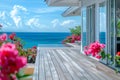 Luxurious oceanfront property with a sleek wooden deck overlooking the vibrant turquoise sea Royalty Free Stock Photo