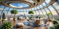 A luxurious office setting with tall potted trees and sleek furniture creating an inviting and sophisticated work area