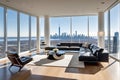 Luxurious Open Concept Living Room Bathed in Soft Natural Light - Expansive Windows Revealing a Sweeping Panorama