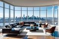 Luxurious Open Concept Living Room Bathed in Soft Natural Light - Expansive Windows Revealing a Sweeping Panorama Royalty Free Stock Photo