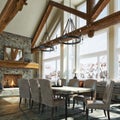 Luxurious open floor rustic cabin interior dinning room design with roaring stone fireplace and winter scenic background.