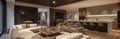 Luxurious open-plan living area featuring modern fireplace, plush sofas, designer kitchen with island seating. Upscale home Royalty Free Stock Photo