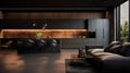 Luxurious open plan livingroom and kitchen in black and dark grey, modern style living room and kitchen interior design. Royalty Free Stock Photo