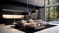 Luxurious open plan livingroom and kitchen in black and dark grey, modern style living room and kitchen interior design.