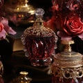 Luxurious opulence with a pink perfume bottle, gold vase, and elaborate table setting (tiled