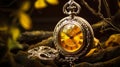 Luxurious Opulence: A Stunning Yellow Pocket Watch In An Autumn Fantasy Scene Royalty Free Stock Photo