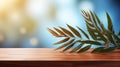 Luxurious organic cosmetic display with soft sunlight and leaf shadow on wooden counter table